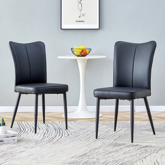 Dining Chairs 2-Piece Set, Modern PU Leather Dining Chairs with Curved Backrest and Seat Cushions, Accent Chair with Metal Legs for Dining Room, Living Rooms, Black