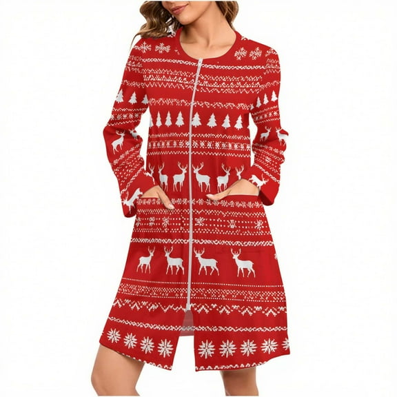 Riecok Christmas Robes for Women Long Sleeve Long Sleeve Loungewear Reindeer Printed Loose Sleepwear