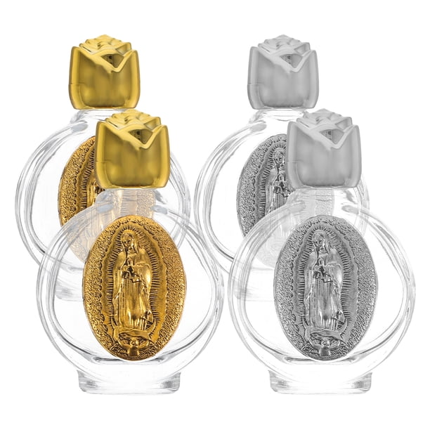 GOOHOCHY 4 botellas de agua bendita de vidrio con relieve católico, dispensadores de aceite esencial vacíos para recuerdos de fiesta de bautismo cristiano católico.