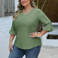 thumbnail image 6 of Otntypg Plus Size 3/4 Length Sleeve Womens Tops Summer Loose V-Neck Eyelet T-Shirts Dressy Casual Ruffle Sleeve Textured Tunic Blouses Army Green L, 6 of 9