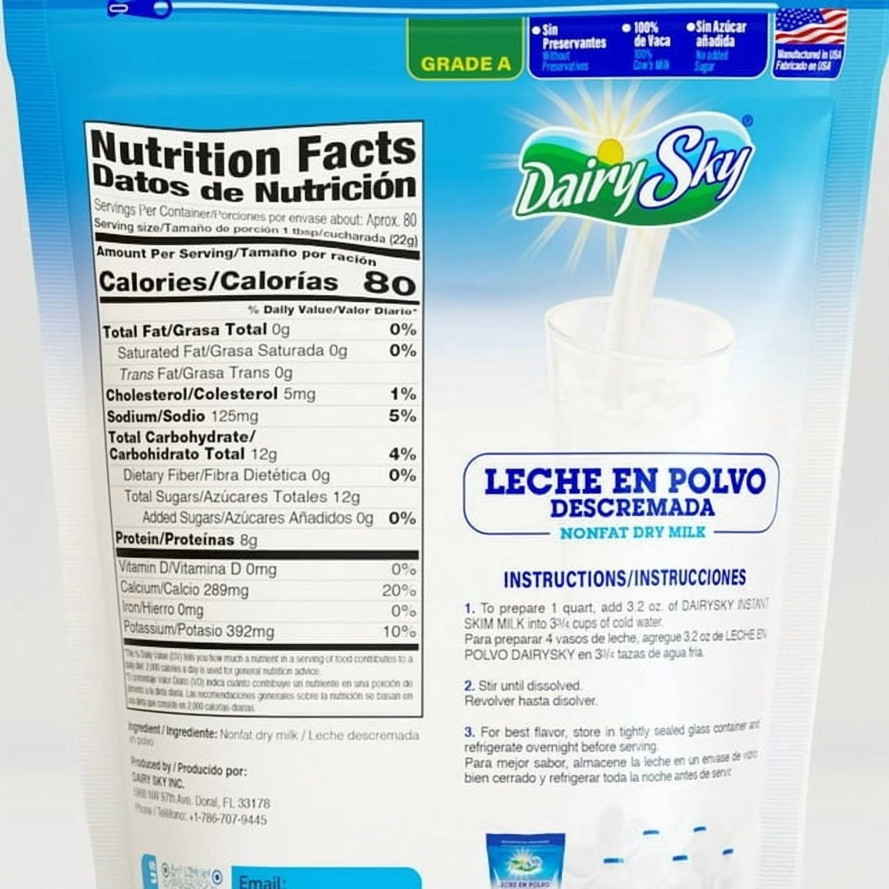 DairySky Nonfat Dry Milk Powder 64 oz | Leche en Polvo Descremada | Grade A Skim Milk Powder, Dry Milk, Resealable Pouch ( pack of 3)