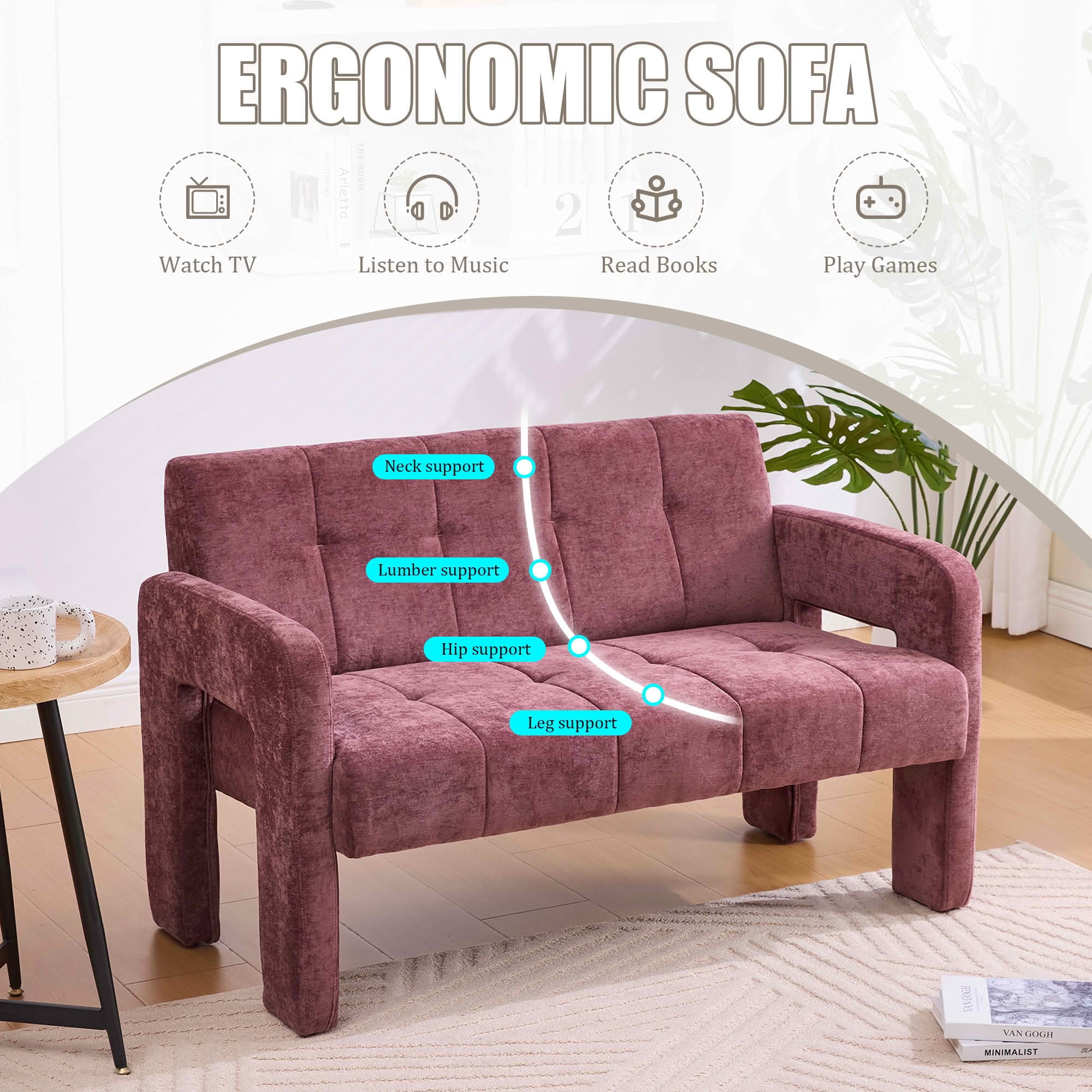 MAYEERTY Nordic Chenille 2-Seat Loveseat, Comfy Double Armrest Compact Leisure Sofa for Small Space Bedroom & Living Room