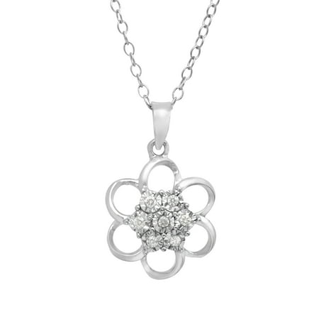 Open Flower Pendant Necklace with Diamonds in Sterling Silver