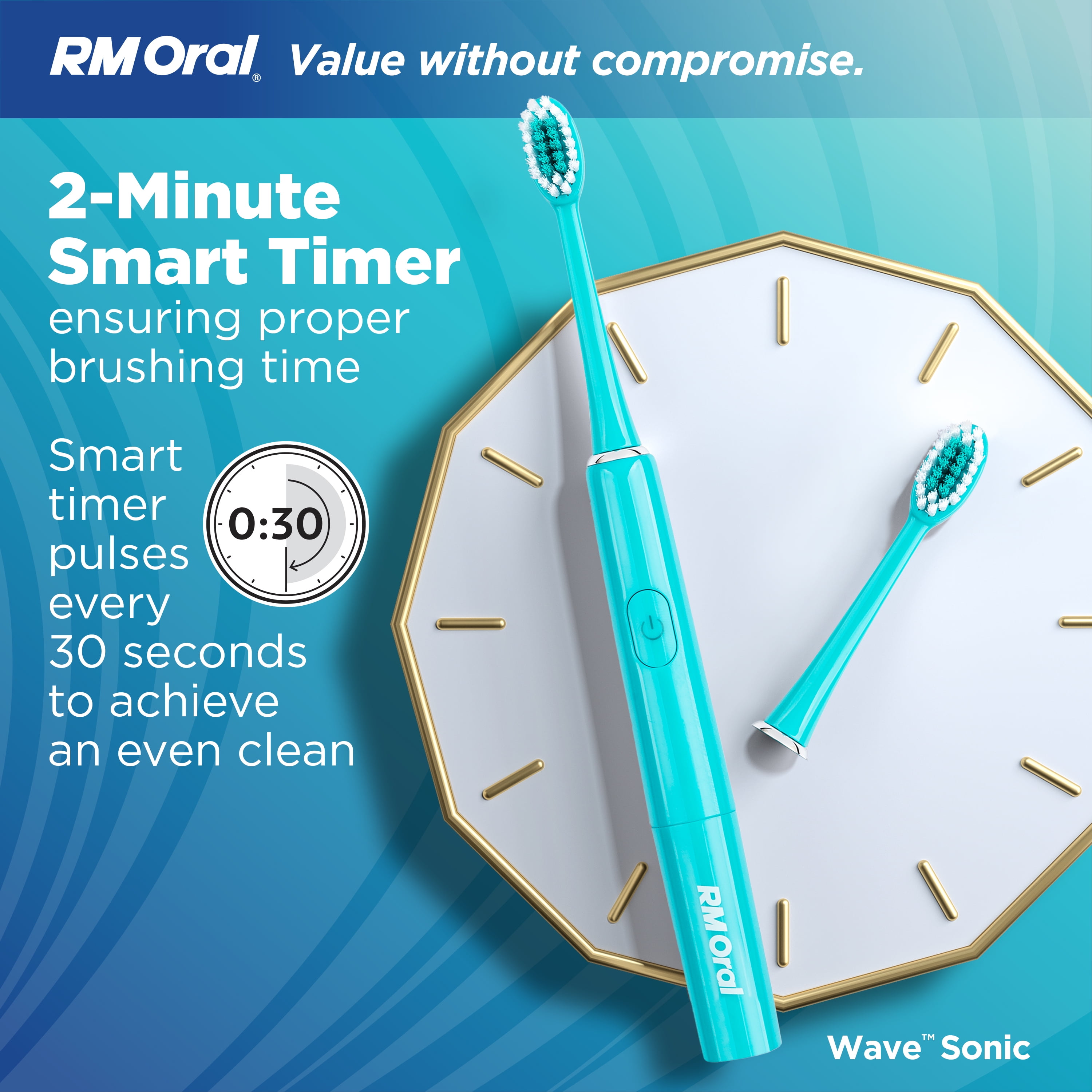 RM ORAL Wave Sonic Battery Toothbrush, Soft Bristles, 56,000 Sonic Vibrations, Travel Case, Aquamarine