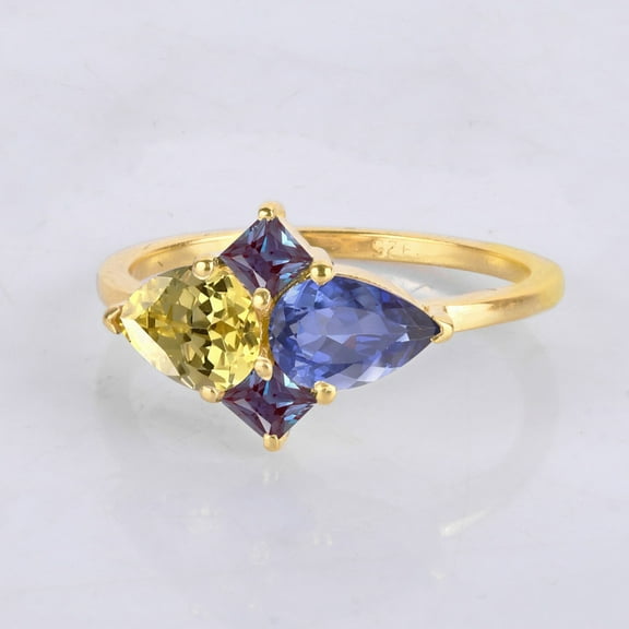 Princess Cut Alexandrite and Blue and Yellow Sapphire Gemstone Ring, Minimalist Handmade Jewelry, 925 Starling Siliver Ring, Gift For June Alexandrite Birthstone Ring, Prong Set Bridal Ring.
