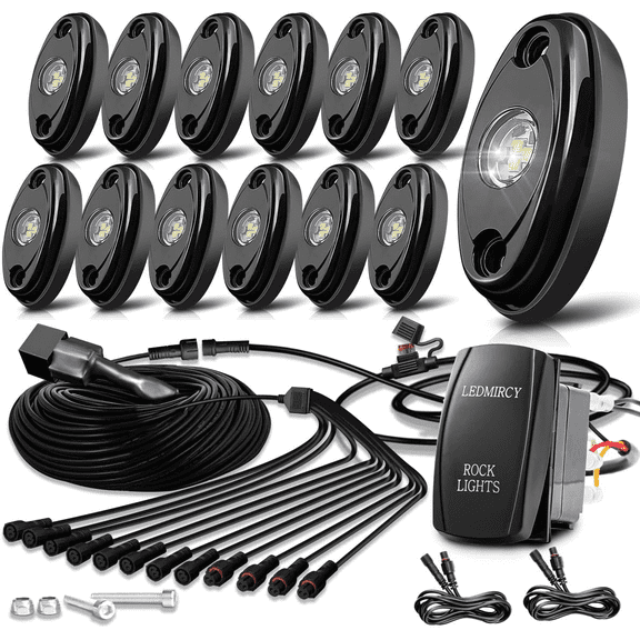 LEDMIRCY R1 Pure White LED Rock Lights Kit with Roker Switch Wire Harness 12PCS High Power Rock Lights White for Trucks Off Road Atv Utv Suv Underglow Trail Rig Light Under Body Waterproof Light