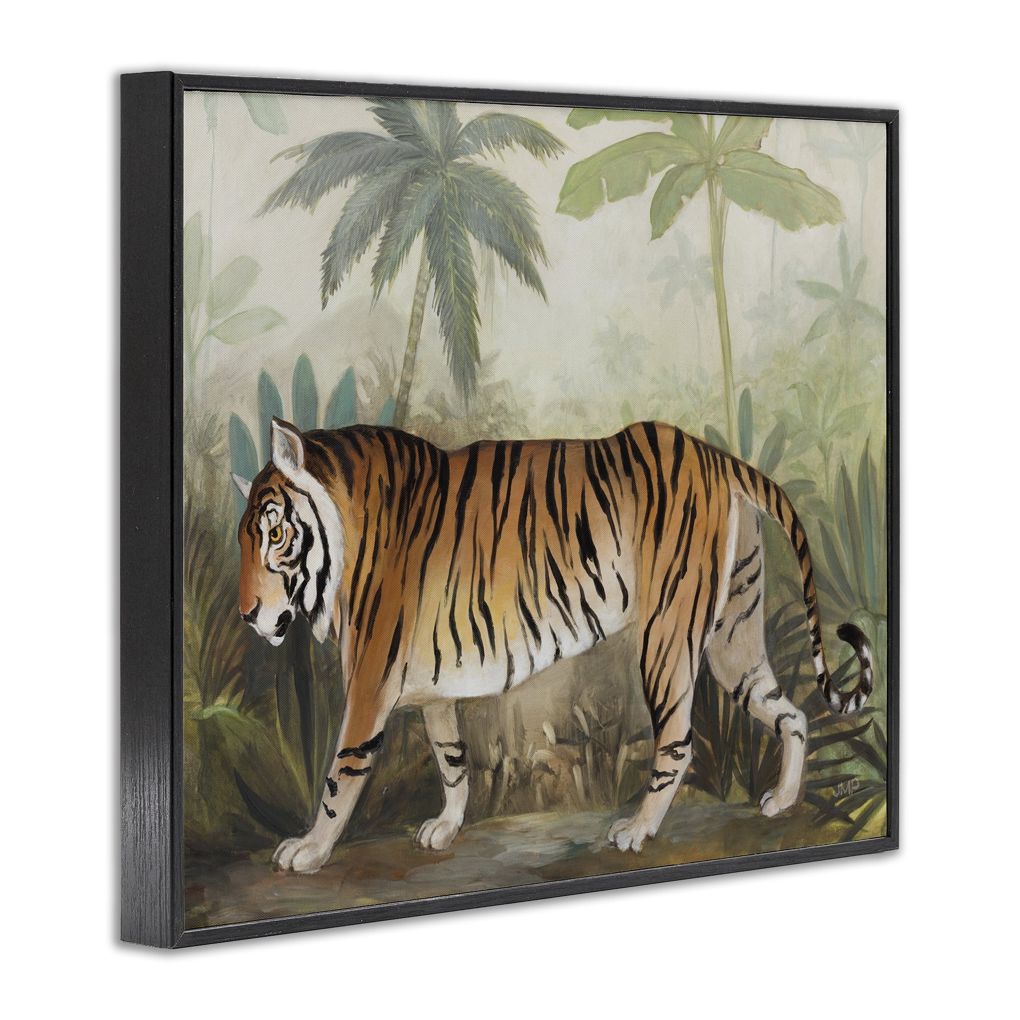 Stupell Industries Prowling Tiger in Forest Landscape Painting Black Framed Art Print Wall Art, 14 x 11