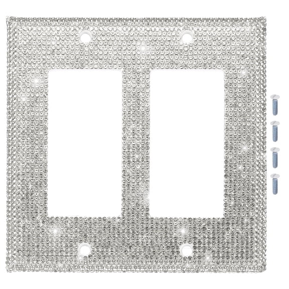 Uxcell Bling Rhinestone Light Switch Cover Silver/White Glitter Wall Plate Shiny Outlet Covers Decorative for Bedroom Kitchen Living Room Home Decor, Double Rocker, 4.5x4.5"