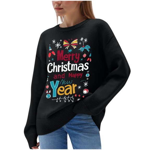 IROINNID Womens Christmas Print Sweater Pullover Long Sleeve Round Neck Casual Fashion Crewneck Blouse Tops for Holiday Party Daily Wear(Black#1,2XL)