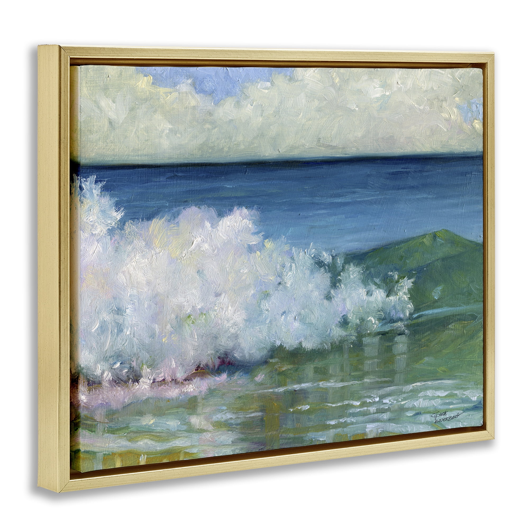 Stupell Industries Strong Splashing Wave Landscape Painting Gold Floater Framed Canvas Art Print Wall Art, 21 x 17