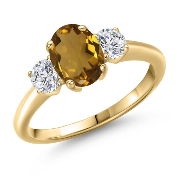 Gem Stone King 1.54 Ct Whiskey Quartz G/H Lab Grown Diamond 18K Yellow Gold Plated Silver Ring