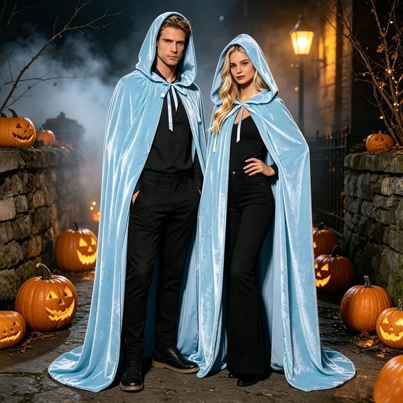 Elegant Velvet Hooded Cape for Party and Cosplay – Cloak for Adult Halloween Party Dress Up Versatile Year-Round Wear, Sky Blue, XL