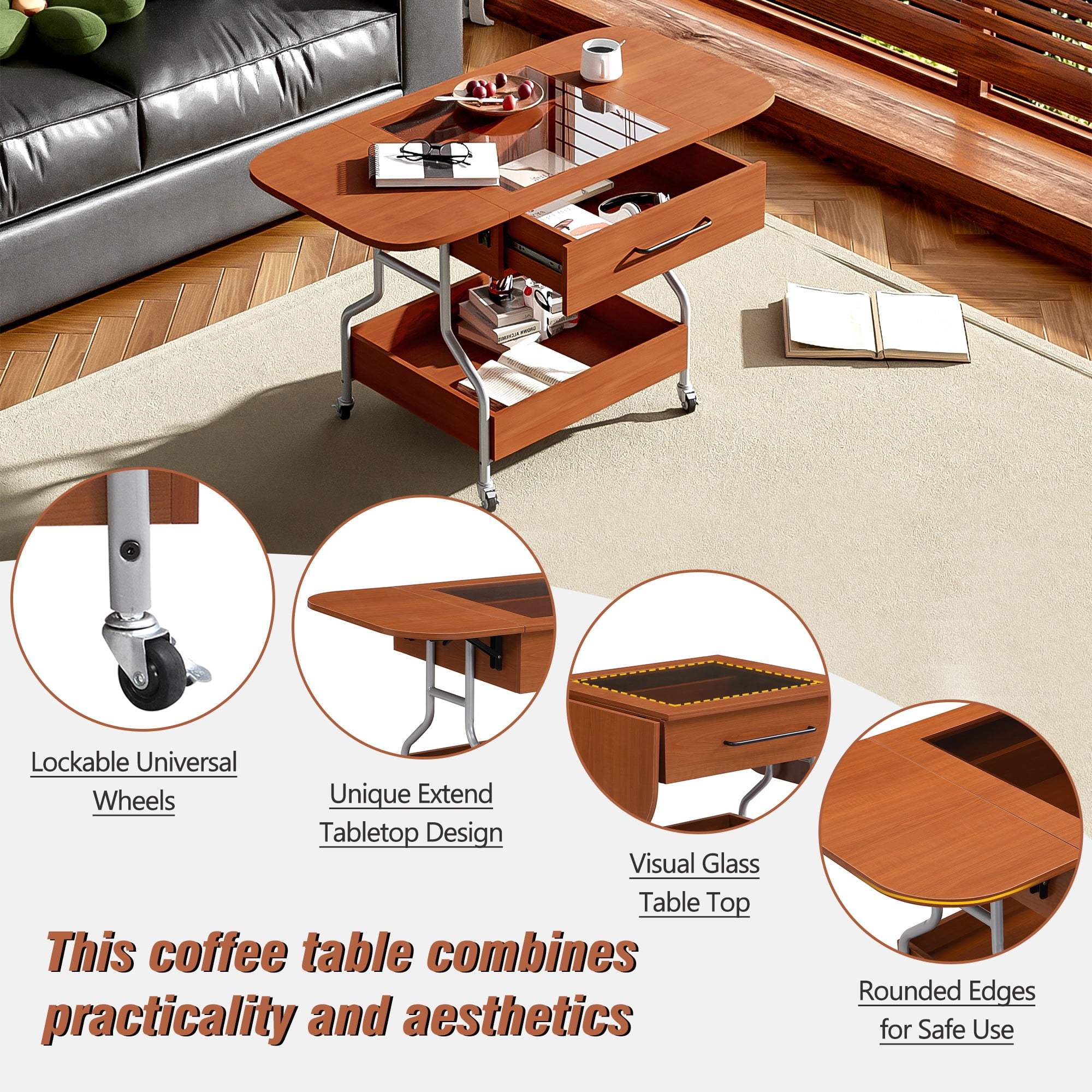 Aukfa Extended Coffee Table with Drawer and Wheels, 2-Tier Central Table Converts to Dining Table for Living Room