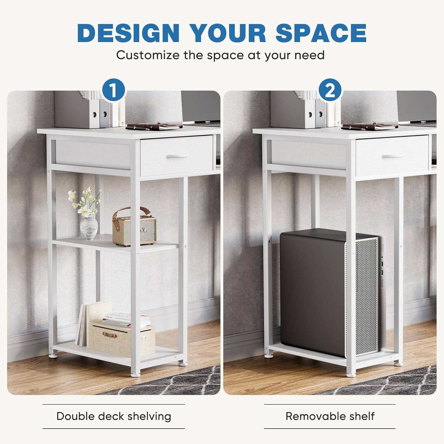 48 inch Computer Desk with Drawers, Modern Study Writing Table with Storage Shelves for Bedroom Home Office, White