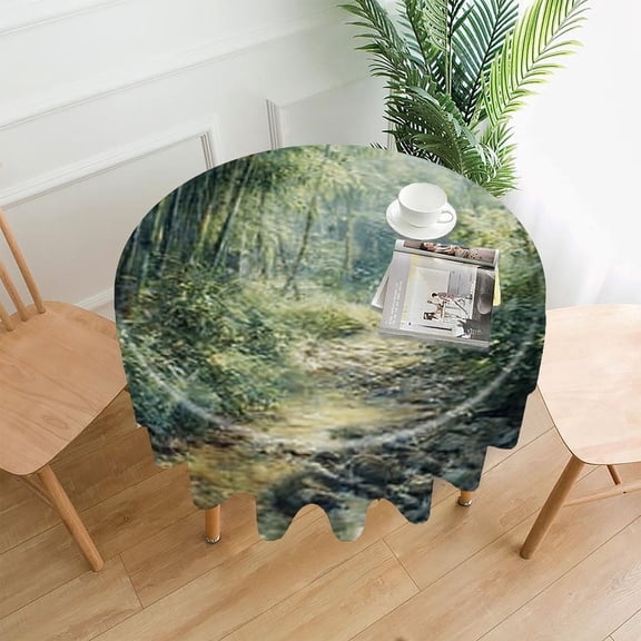 RKSupls 60 Inch Round Tablecloth, Forest Path Misty Premium Polyester Straight Edge Wrinkle Resistant Washable Table Cover for Party Home Dining Decor