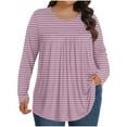 thumbnail image 2 of Mevxay Blouse à Rayures pour Femme Grande Taille Chic Décontractée T-Shirts Plissés Manches Longues Col Ras du Cou Tunique Fluide Hauts Rose 4TG, 2 of 6