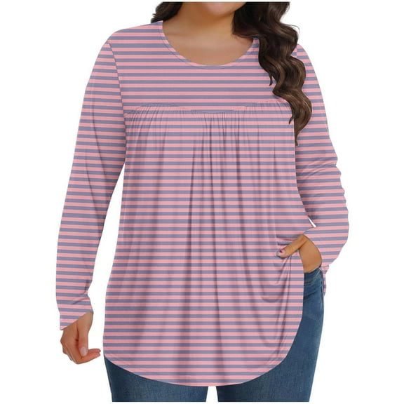 Womens Plus Size Tops, Long Sleeve Shirts for Women Fall Lightweigth Casual Striped Printed Crewneck Dressy Blouses