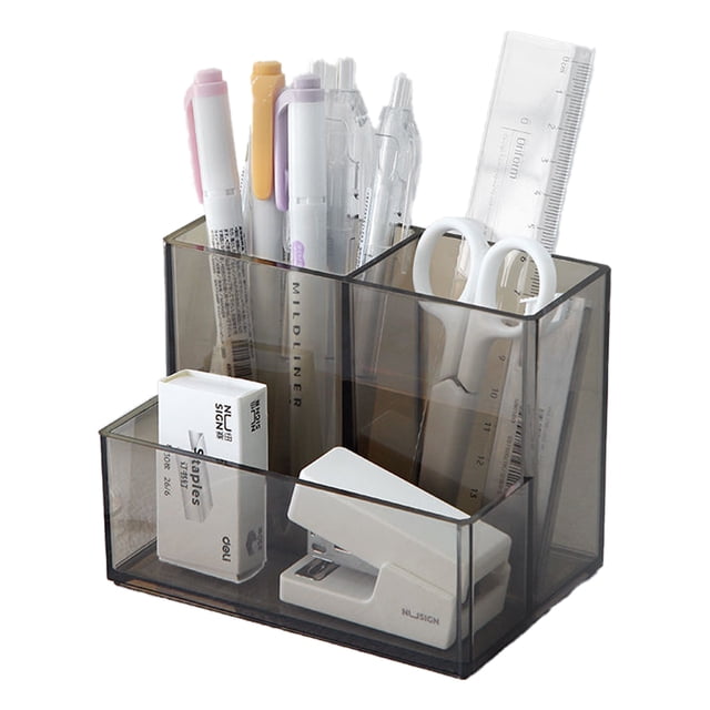 FloreceBien - Portalápices acrílico con 3 compartimentos, organizador transparente para bolígrafos, brochas de maquillaje, accesorios de escritorio de oficina, caja de almacenamiento para brochas de