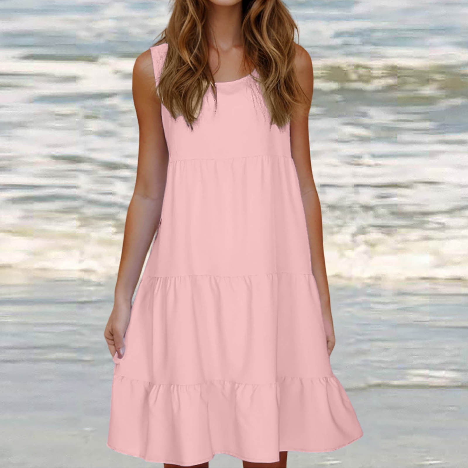 Robe D'été Décontractée Sans Manches Avec Ourlet Mouchoir Et Poches Pour Femme, Bleu Clair, M