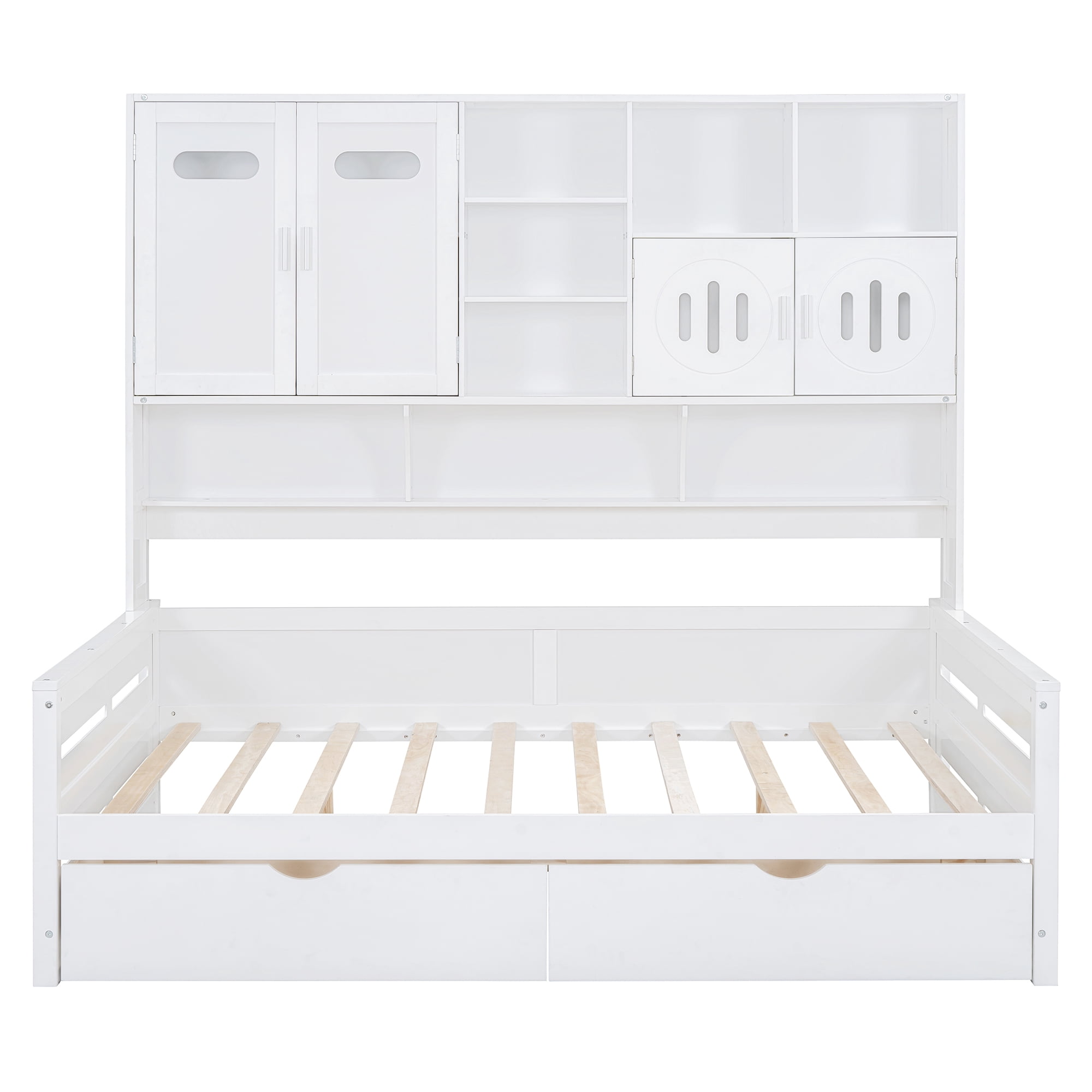 Mintazer Full Platform Bed with Side Bookcase & 2 Drawers and 2 Cabinets, All-in-one Wood Storage Daybed Frame for Kids Teens Bedroom Playroom Guest Room, White