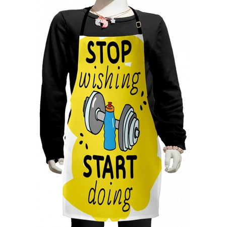 

Fitness Kids Apron Stop Wishing Start Doing Inscription Dumbbells Water Sports Doodle Style Boys Girls Apron Bib with Adjustable Ties for Cooking Baking Painting Multicolor by Ambesonne