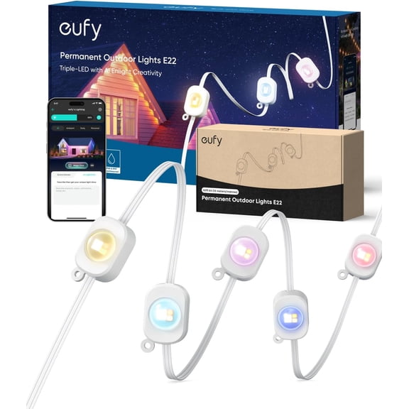 eufy Permanent Outdoor Lights E22, 150ft with 90 Triple-LED Lights, Smart RGBWW, Daily and Holiday, Up to IP67 Waterproof, AI Lighting Themes for Halloween, Christmas, Links with Cameras, White