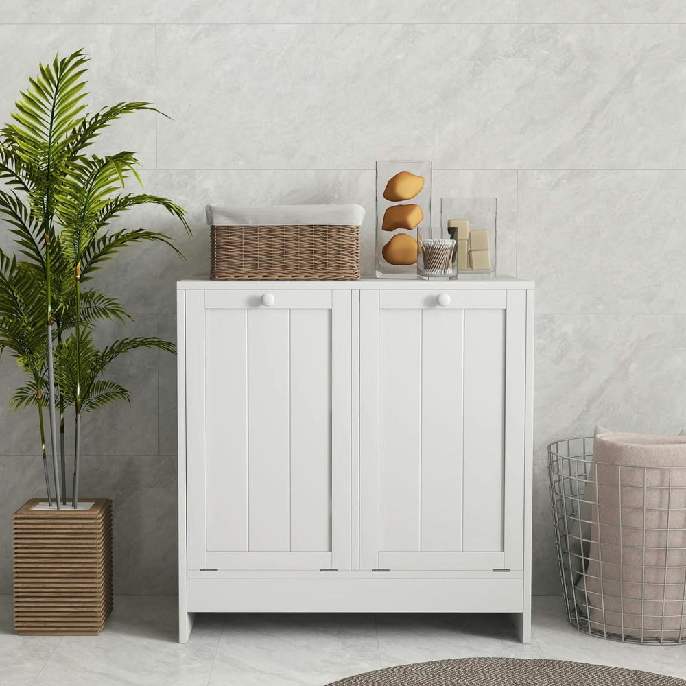 Barara King Laundry Hamper, Laundry Hamper Cabinet,Bathroom Tilt-out Laundry Storage Cabinet with 2 Compartment Hampers, White