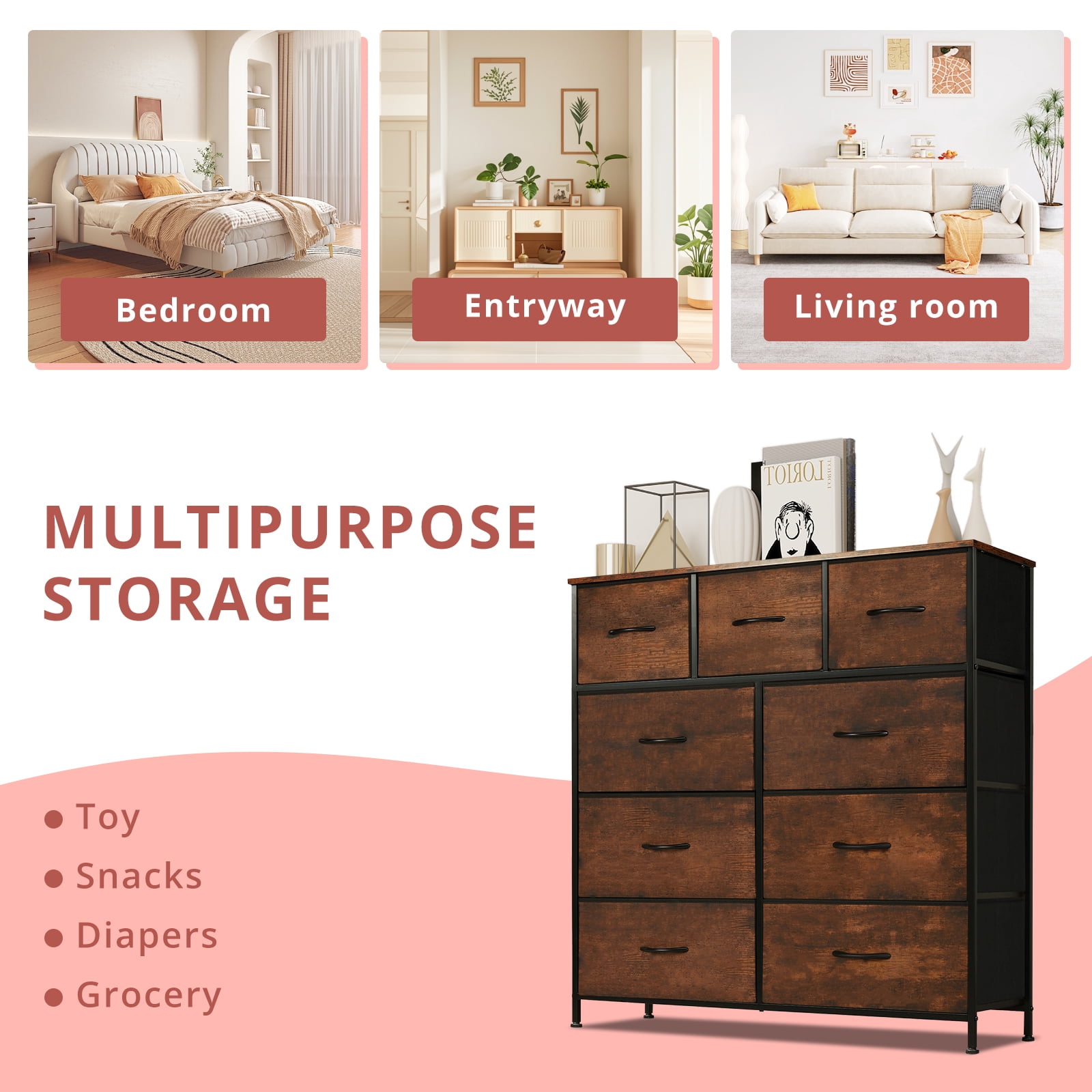 Dresser for Bedroom, Chests of Drawers, Storage Organizer with 9 Drawers, Sturdy Metal Frame, Wood Tabletop for Guest Room, Closet, Entryway, Nursery, Gray