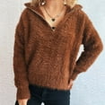 thumbnail image 3 of Qulqfy Brown Womans Sweaters Slouchy Crew Neck Long Sleeve Solid Quarter Zip Fuzzy Shirts Womens Lightweight Sweaters S, 3 of 5
