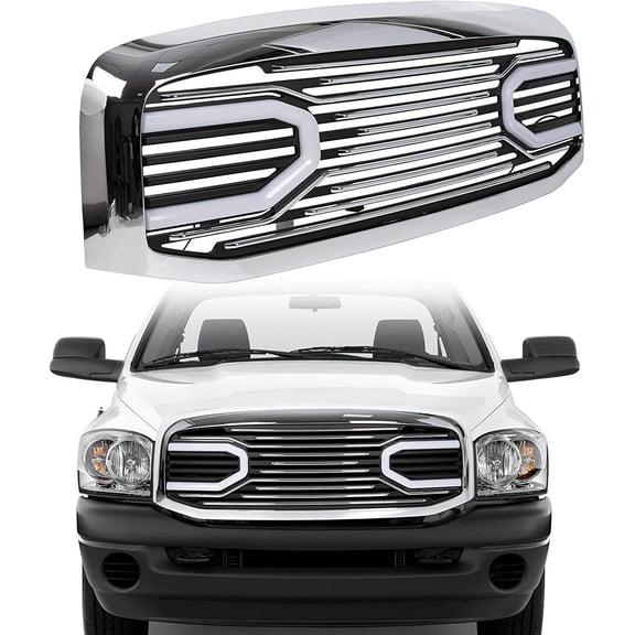 Chrome W/Light Front Hood Big Horn Grille Replacement Shell Grill Compatible with 2006-2009 Dodge RAM 1500 2500 3500