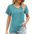 thumbnail image 3 of Mengpipi Womens Plus Size Tops Ruffle Sleeve Lace-Up V-Neck Shirts Loose Fit Casual T-Shirts Blue M-4X, 3 of 8