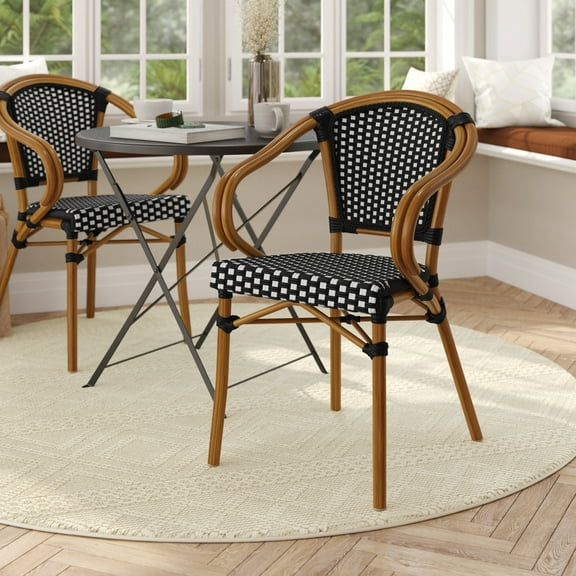 Flash Furniture Bordeaux Indoor/Outdoor French Bistro Stacking Chair with Arms Black/White/Natural