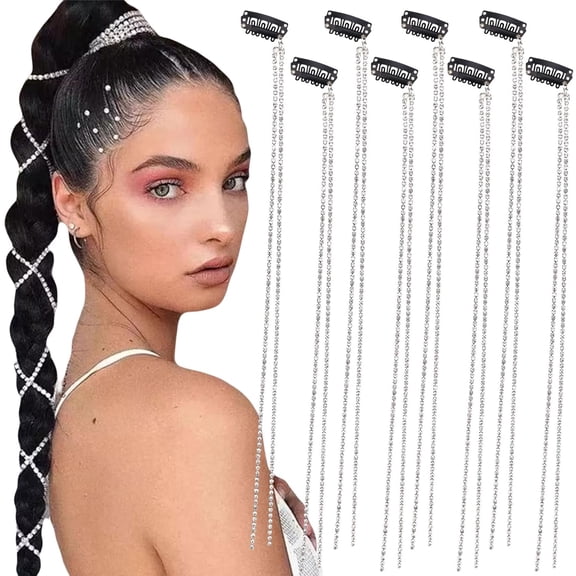 TUWAFE 8 Pieces Long Rhinestone Hair Chains,Punk Tassel Hair Clips Bling Crystal Hair Extension 20 Inch Head Chain Silver Decorative Hair Clip Hairpin for Women and Girls Nightclub Party
