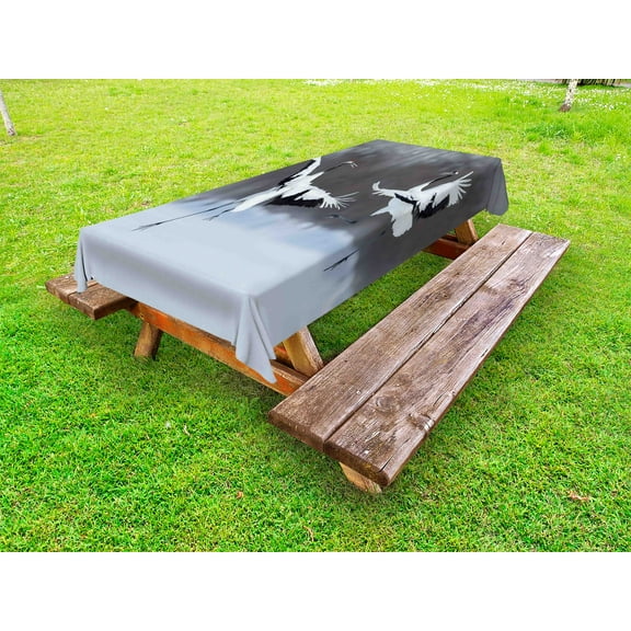 Africa Outdoor Tablecloth, Dancing Pair of Red-Crowned Crane with Open Wings in Flight Romantic Bird Print, Decorative Washable Fabric Picnic Table Cloth, 58 X 84 Inches,White Black, by Ambesonne