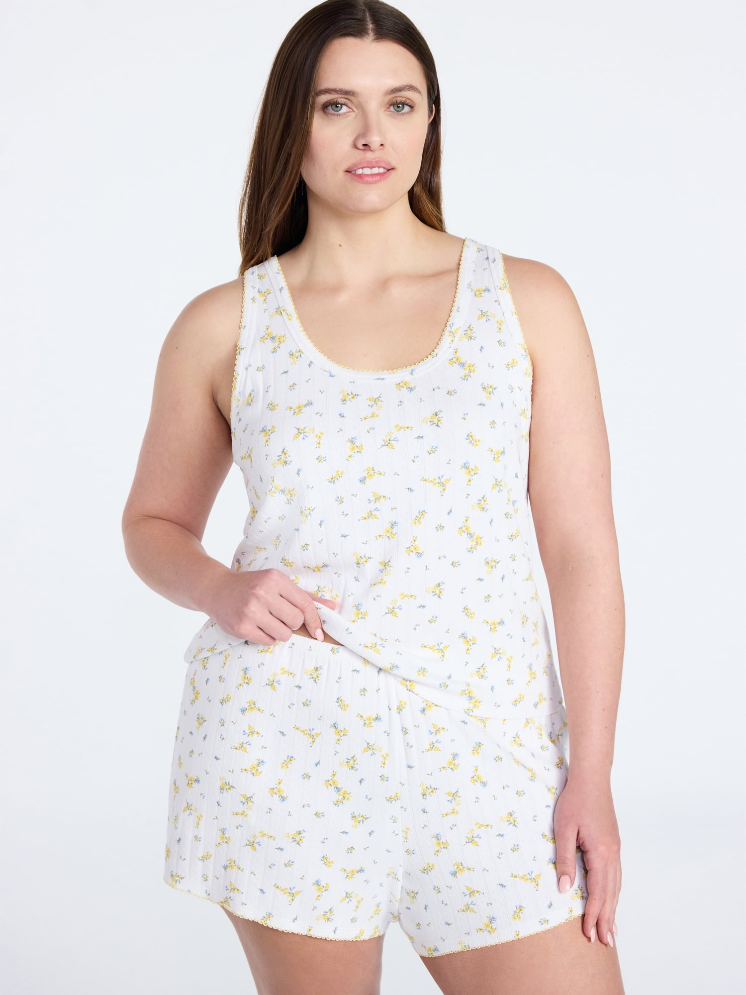 Joyspun Women’s Pointelle Knit Tank Top and Shorts Pajama Set, 2-Piece, Sizes XS-3X