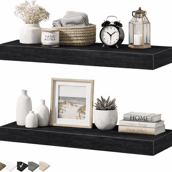 Induslyfe Large Black Floating Wall Shelves, Wood Wall Mounted Shelf, Set, 22.5 x 6.7 in, Set of 2, shelf over toilet farmhouse decor