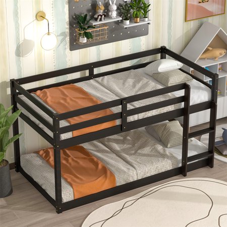 Twin Loft Bed  Twin Over Twin Low Bunk Beds  Wood Twin Bunk Bed Frame with Safety Rail & Ladder  Loft Bed for Children Teens Adults  No Need Spring Box  Espresso
