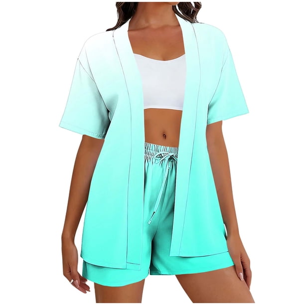 Cardigan Largo para Mujer con Bolsillos Suelto Casual Poliéster Conjunto con Pantalones Cortos Y Top, Sudadera Y Pantalones para Mujeres