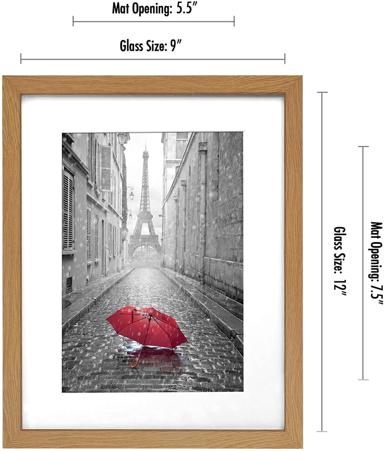 Americanflat 9x12 Picture Frame with Mat for 6x8, MDF wood and shatter-resistant glass, Oak