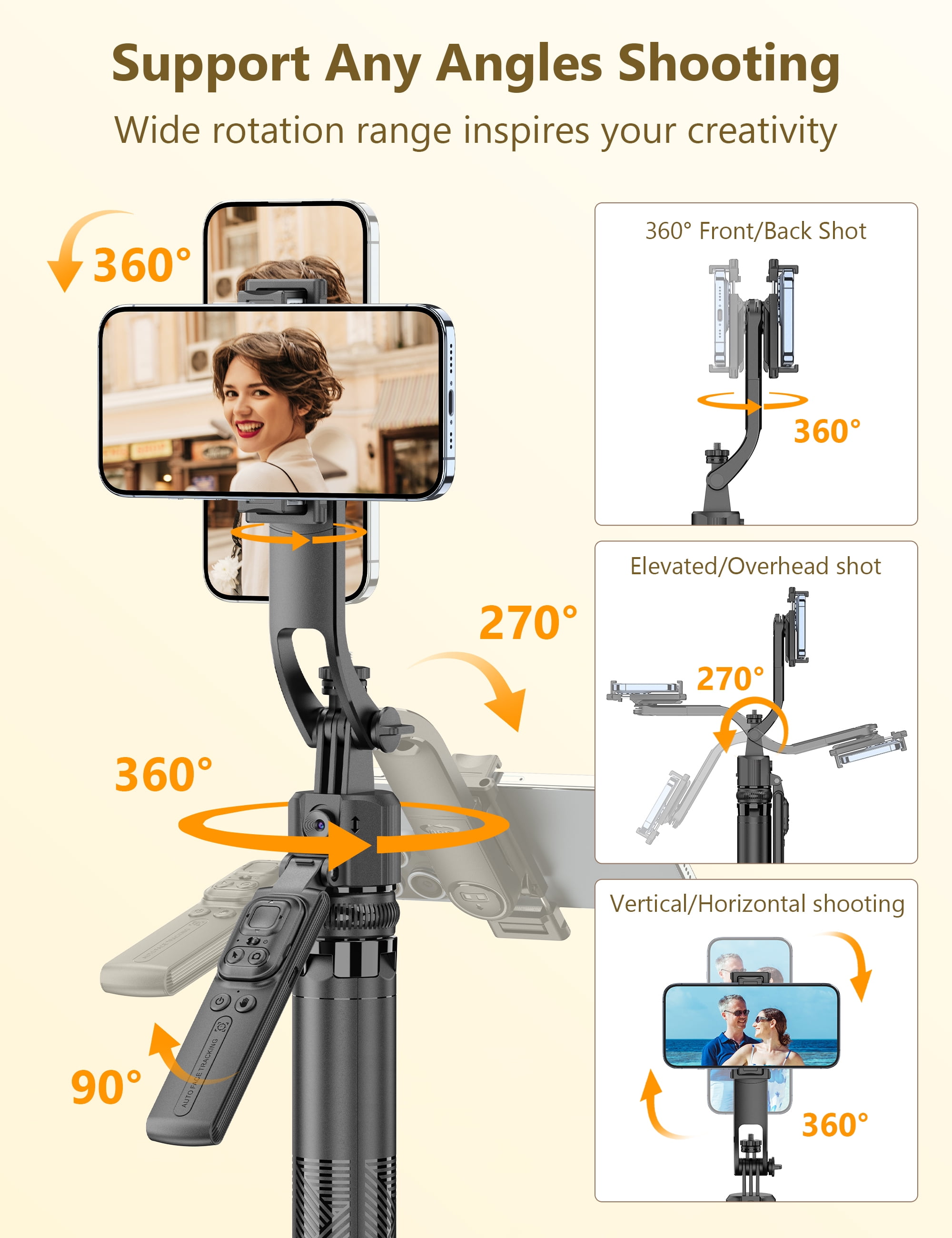 SelfieShow 64'' Auto Face Tracking Tripod 360 Rotation with Stand,Handheld Stabilization, Aluminum Selfie Stick Phone Tripod with Remote & Phone Holder Compatible with iPhone, Android, Camera, GoPro