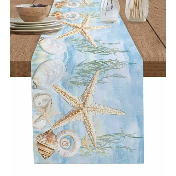 Blue Starfish Coastal Burlap Cotton Table Runner 13x70 Inches Long, Summer Beach Coral Shell Ocean Farmhouse Table Runners, Outdoor Dining Tablecloths Decor for Baby Shower/Party/Wedding