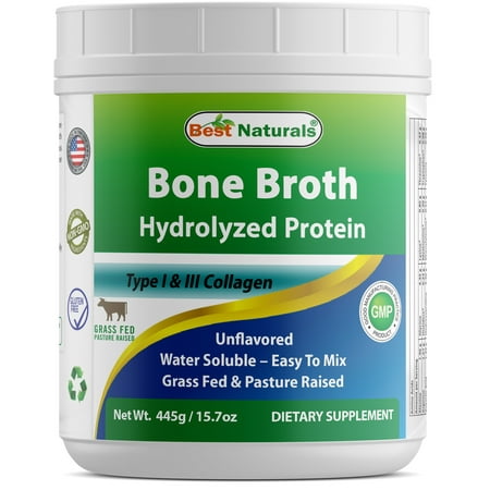 Best Naturals Bone Broth Hydrolyzed Protein Type I & Type III Collagen unflavored 445 Gram (15.70 oz) Water Soluble - Easy to (Best Cheap Protein Supplement)
