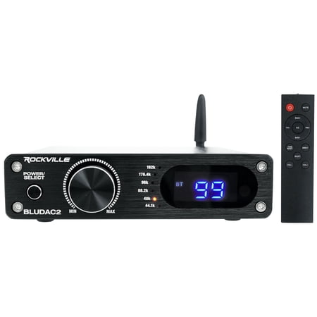 Rockville BLUDAC2B Hi-Res 192K Amplifier Home Bluetooth Receiver with Optical and Sub Out 192kHz High-Resolution DAC Black