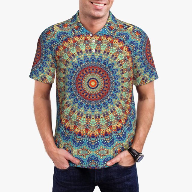 Balery Round Mandala Camisa Polo de Hombre con Estampado, de Manga Corta y Tejido Medio, Camisa Tipo Golf Polo-Large