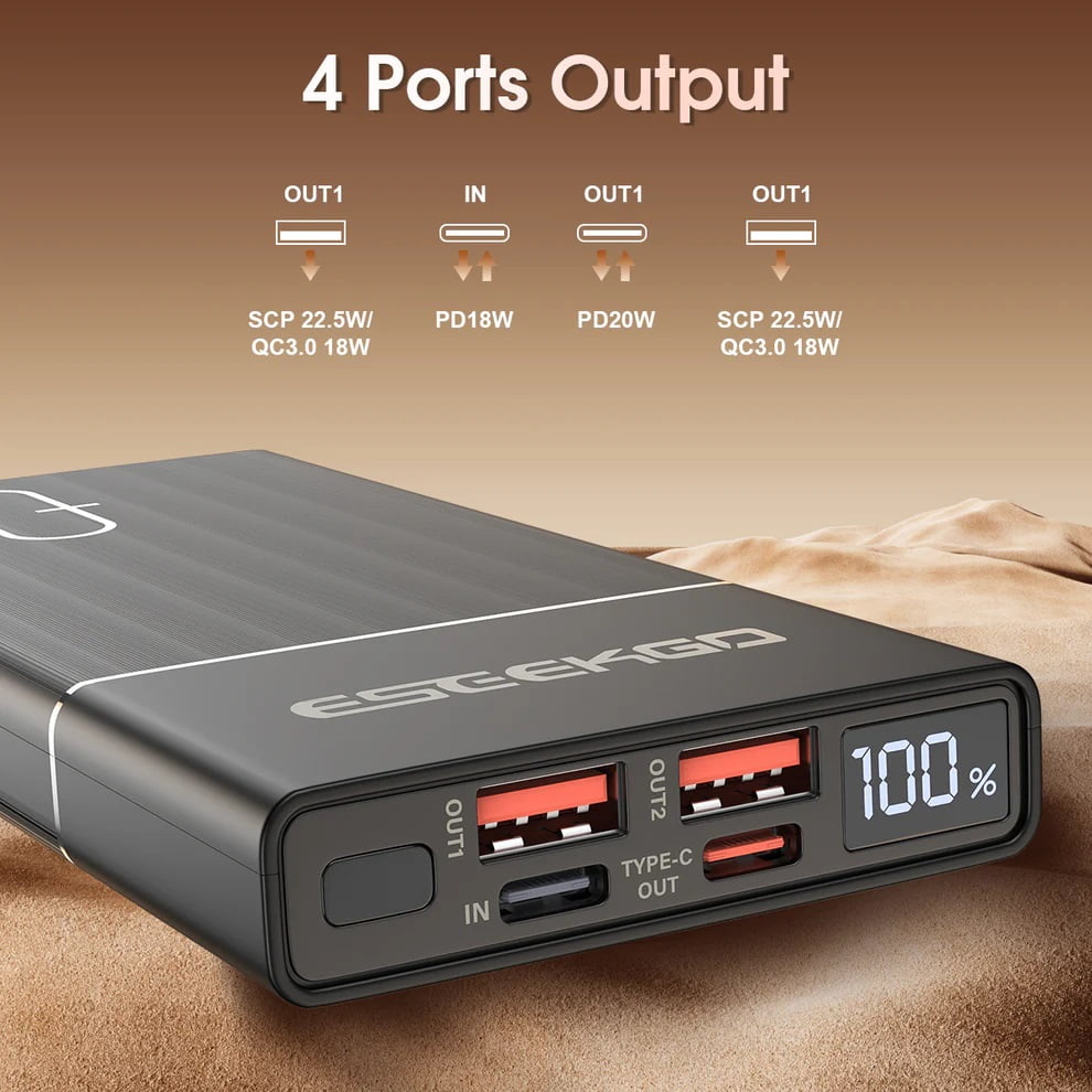 10000mAh 20W PD Power Delivery + 22.5W Quick Charge Fast Charging High-Capacity Power Bank Battery Charger - Black