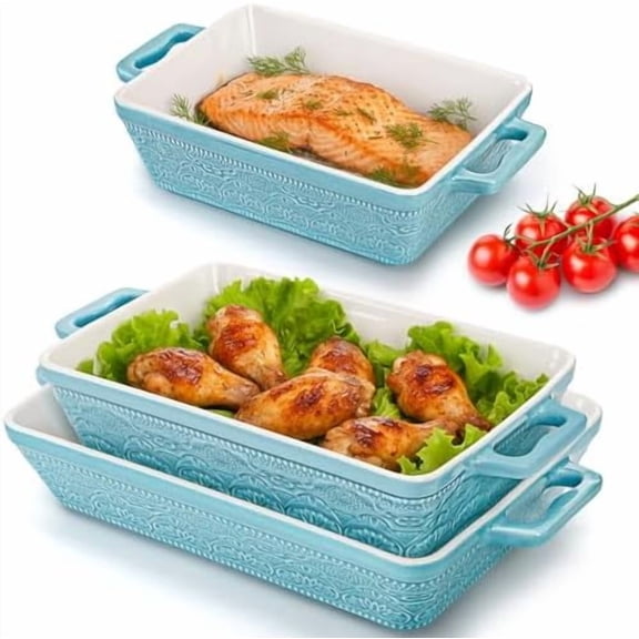 Set of 3 Ceramic Baking Dishes, Rectangular Bakeware with Handles, Elegant Casserole Dish Set Lasagna Pan for Baking, Cooking, Cake Dinner, Banquet, Lake Blue, 3 Sizes$$Home Decor, Kitchen, & Other