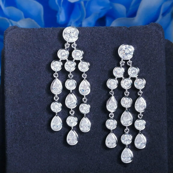 CZ Crystal Long Dangle Tassel Drop Chandelier Earrings Silver Plated Ear Jewelry