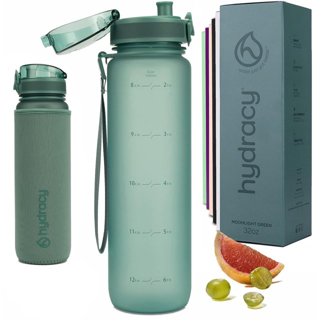 Botella de agua Hydracy con marcador de tiempo, 1 litro, sin BPA, con funda