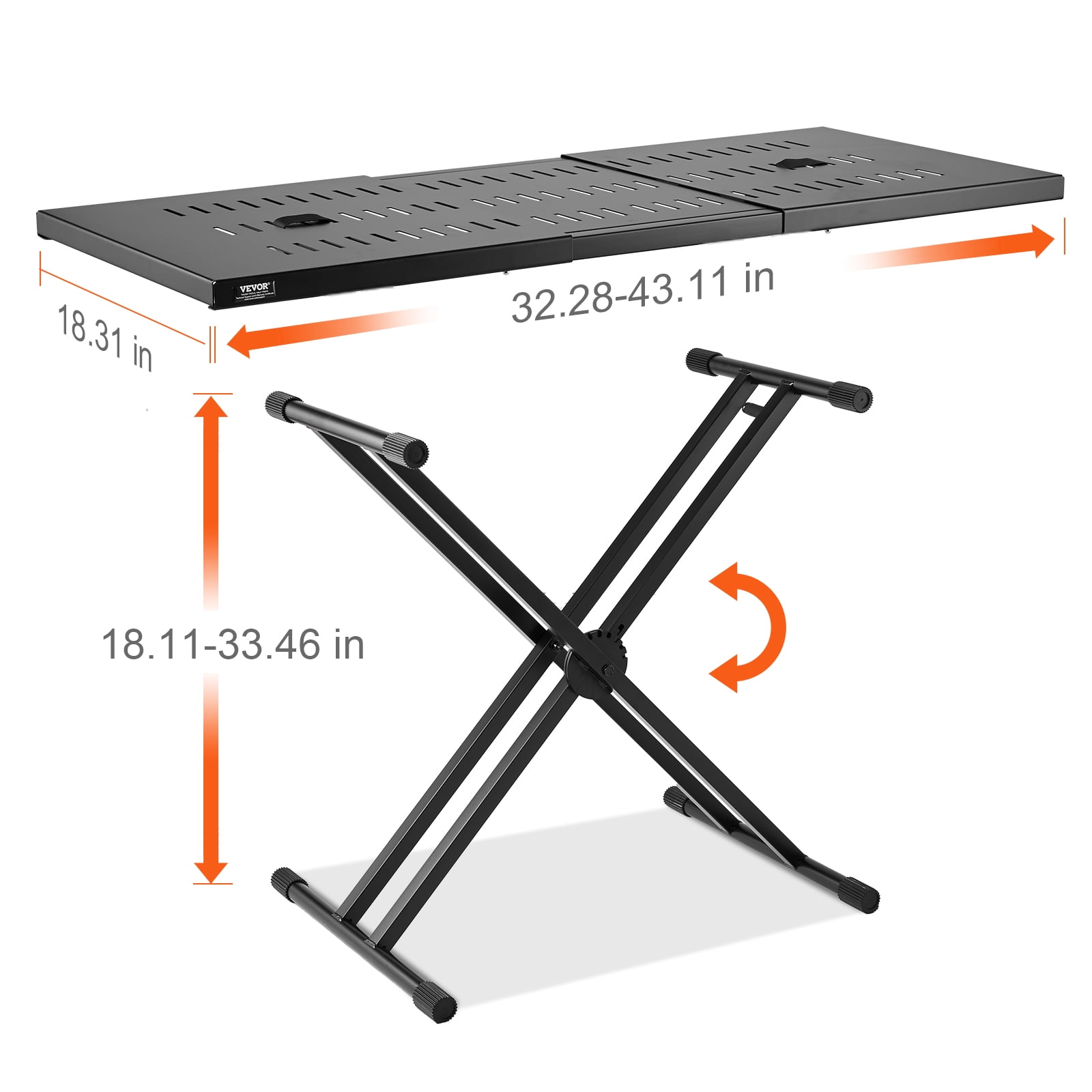 VEVOR DJ Table Stand, (32"-43") x 18" Portable DJ Laptop and Controller Stand, Lightweight DJ Desk DJ Booth Adjustable Height DJ Stand, Foldable Double-X Keyboard Stand & Tabletop, Audio Mixer Stand