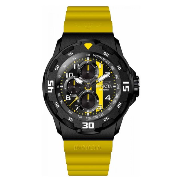 reloj invicta 46402 hombre amarillo cronógrafo con correa de silicona amarilla, caja negra con bisel texturizado, esfera negra con tres subesferas y acentos amarillos, marcadores y agujas en blanco, taquímetro visible y corona lateral; también suele usarse para actividades deportivas casuales por su diseño robusto.